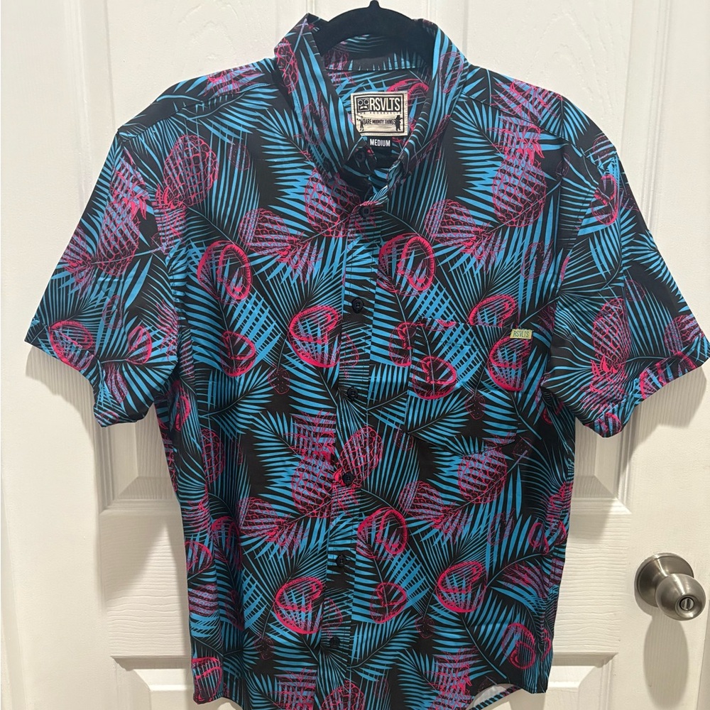 RSVLTS Men's Vibrant Leaf Print Shirt - Black, Blue, and Pink